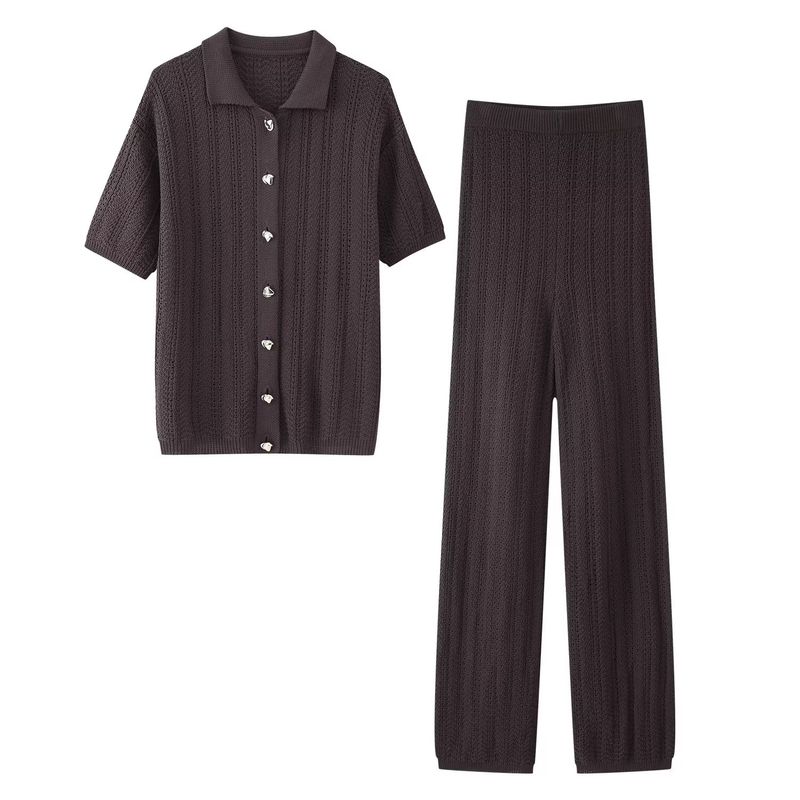 Kaslead New Women Clothes Western Style Texture Knitted Slim Fit Straight Lapel Short Sleeve Shirts Trousers