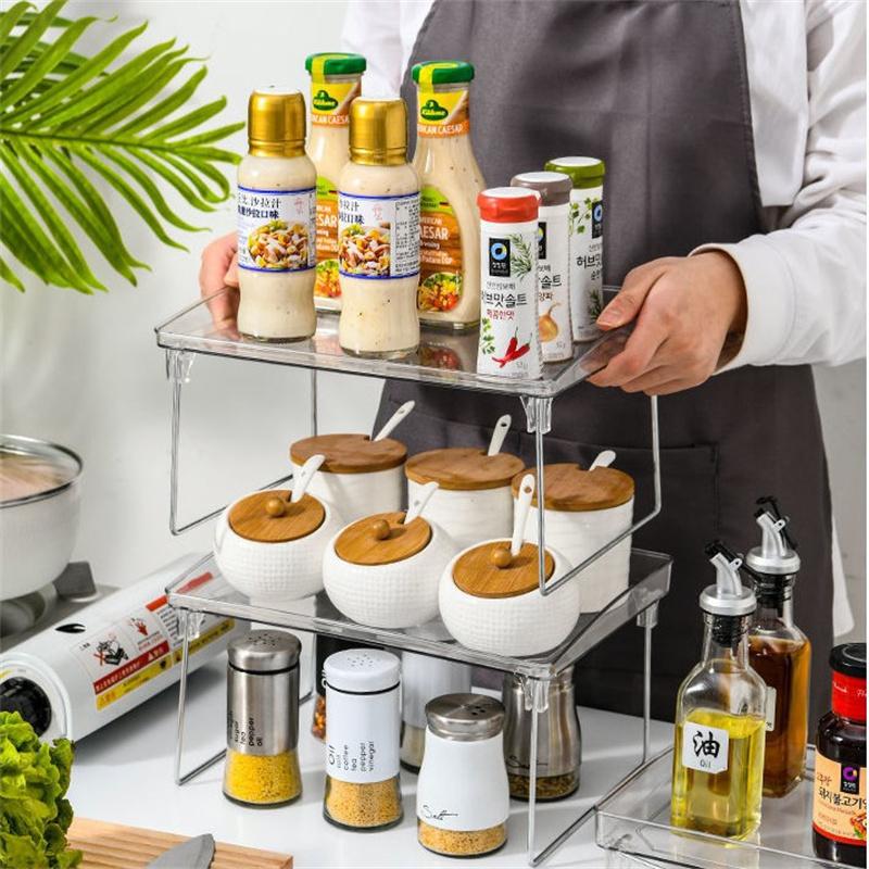 Foldable Transparent Double Desktop Acrylic Shelf Cup Rack Kitchen Bathroom Cosmetic Sundry Shelf