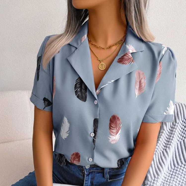 Women's Summer Casual Loose Feather Collar Short Sleeve Blouse Top All Match Shirt Suit