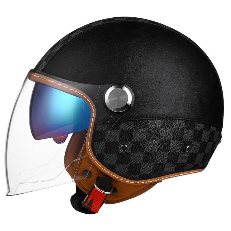Double Striation Double Visor Leather Jet Helmets Daul Lens DOT Retro Open Face Motorcycle Helmets Double Visor Racing Helmet