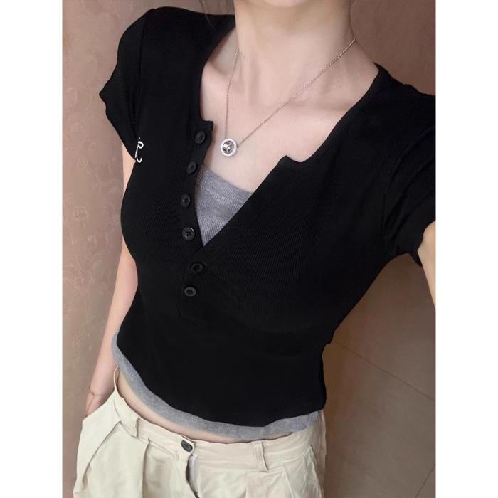 

Jiujiu Rayon Embroidery V-neck Black Two-Piece Look Shoulder Short Sleeve Women s Summer Slim Color Block Top M
