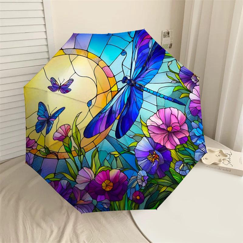 

1PC Dragonfly Flowers Automatic Open/Close Umbrella with Windproof, 8-Rib Sturdy Canopy, Durable Ribs, Fashionable Design1282A