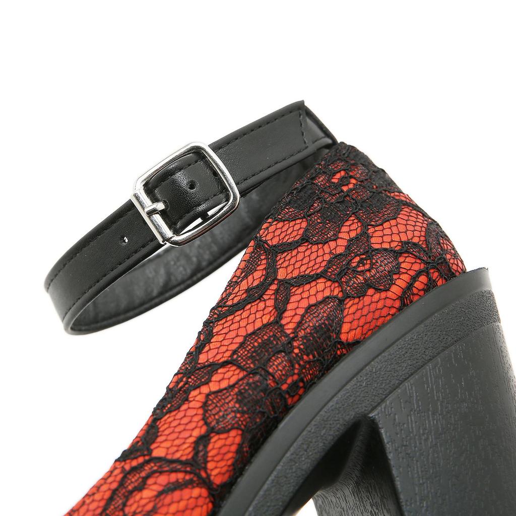 Gdgydh Red Wedding Mary Janes Women Shoes with Lace Aankle Strap Waterproof Platform Pumps High-Heeled Shoes Round Toe