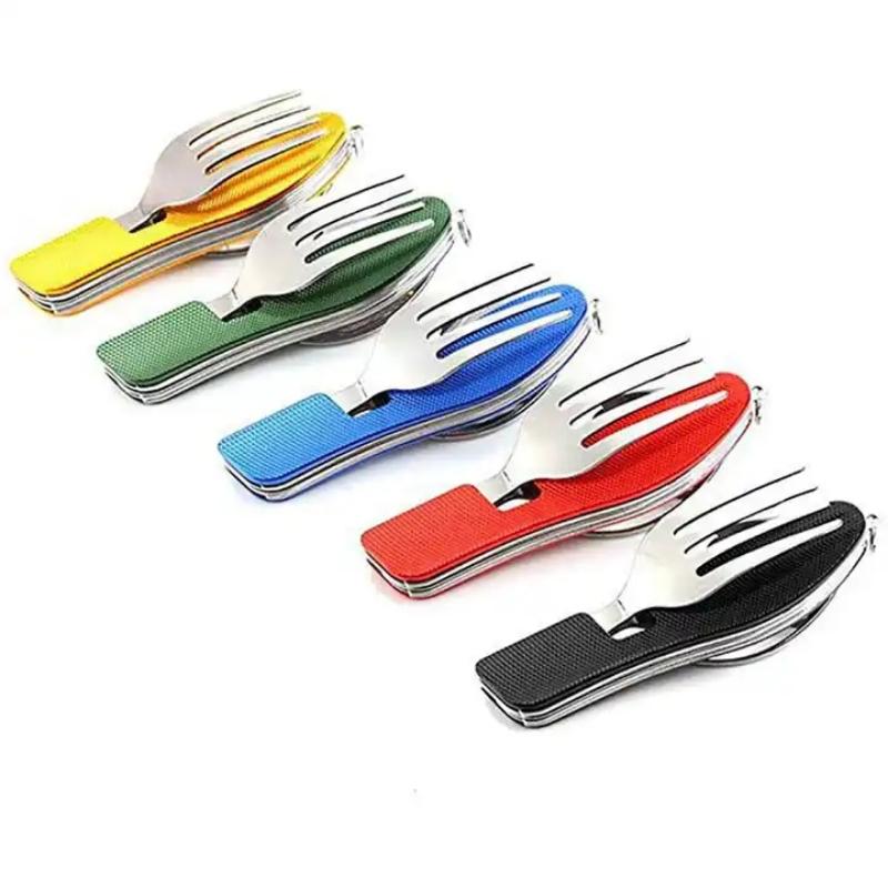 Stainless Steel Cutlery 4 In 1 Outdoor Picnic Tableware Foldable Knife Fork Spoon Bottle Opener Folding Pocket Cutlery Set