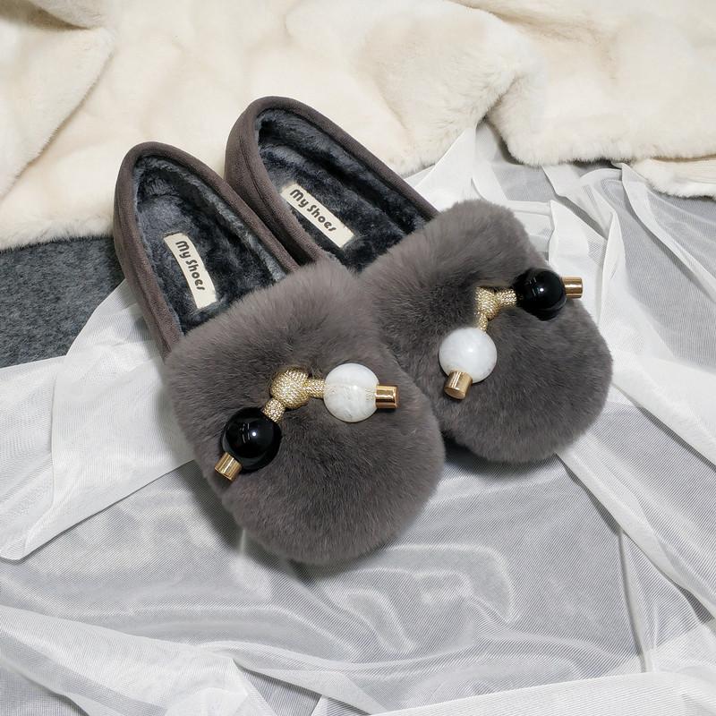 

Модные два конфетных бисера меховые балетки женские уютные теплые плюшевые лоферы зимние хлопковые туфли женские 2025 мокасины из натурального кроличьего меха большой размер 35-42 10 серый
