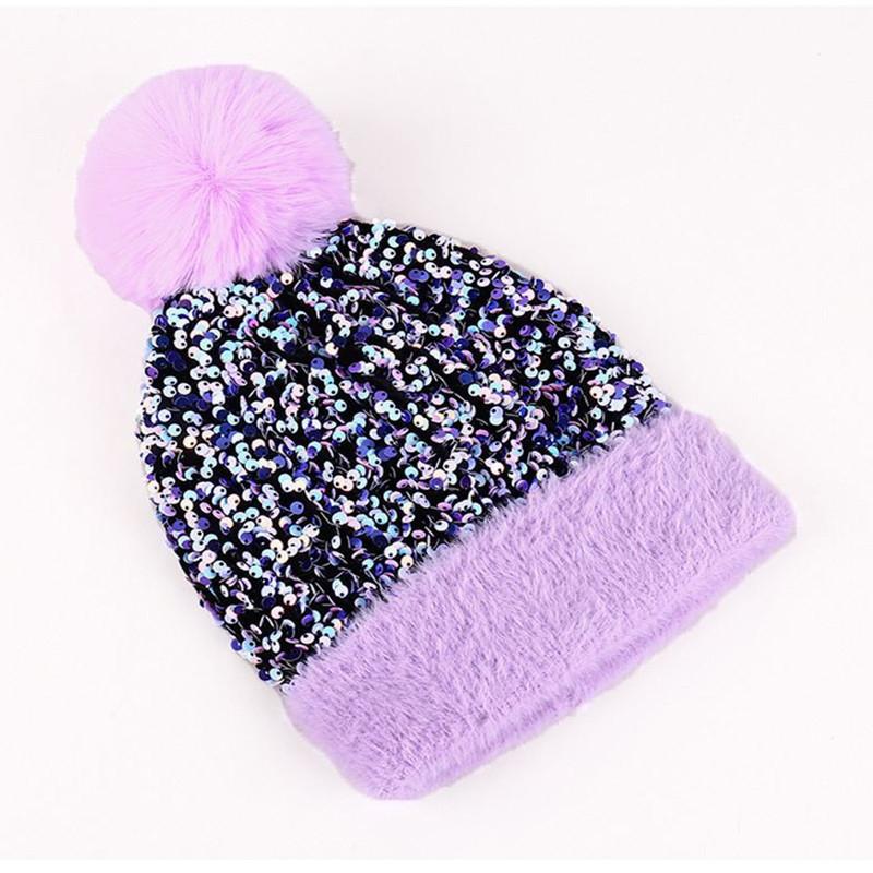 Neue Pailletten-Strickmütze Mode Damen Verdickte Beanie-Mützen mit Kunstpelz-Bommel Glänzende Bling-Schädelmütze Winter Warme Skimützen