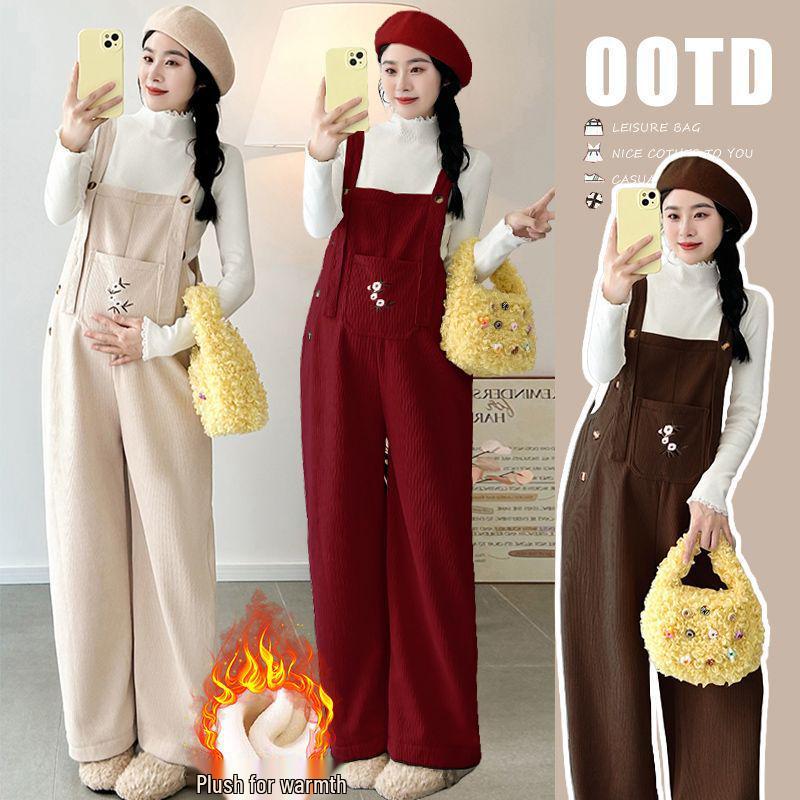 

Elegant Maternity Corduroy Overalls: 2025 New Style, Slimming Velvet, Loose Fit, Large Size for Autumn & Winter. M