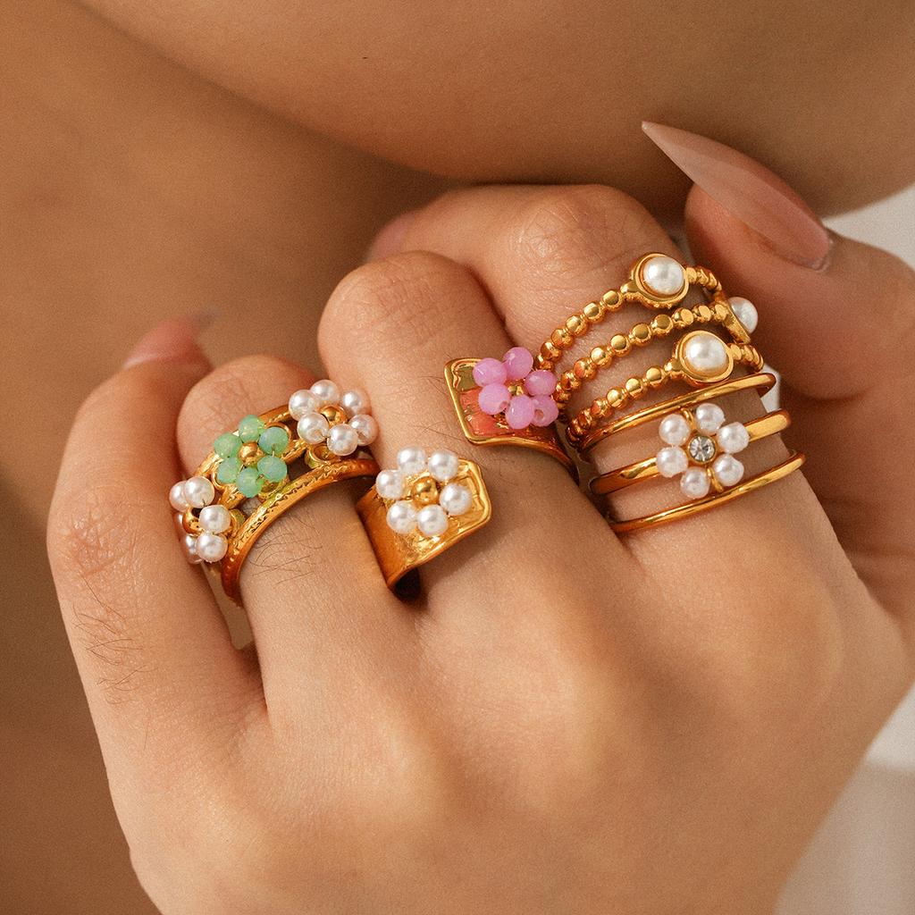 Pearl Ring Niche Design Hand Jewelry Titanium Steel Open Ring Women's Non-fading Flower Stainless Steel Ring