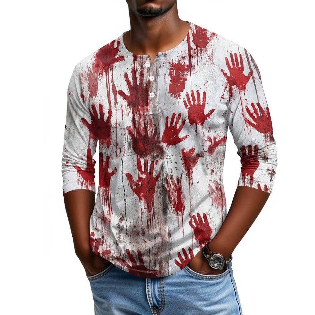 Men Casual Halloween Print Henley Shirt Raglan Three Quarter Sleeve Pullover Top Lightweight Comfortable Fit