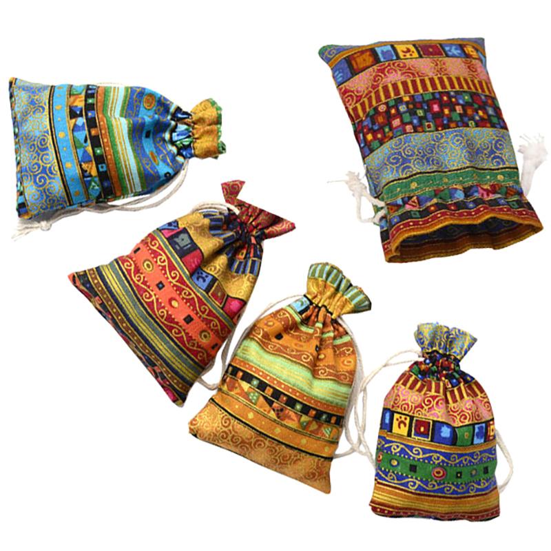 5Pcs Bohemian Cotton Jewelry Bag Ethnic Gift Stripe Tribal Tribe Drawstring Bags Xmas Jewelry Pouches Party Bag