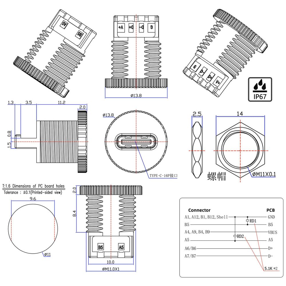 cablecc Set DC Power DIY OEM Type C Female Socket Connector PCBA Pinout PD IP67 Nut Mount 5-Piece 5V/20V - 6-Pin (Square Type)