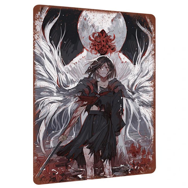 

Dark Anime Girl Metal Wall ArtAngel Wings Moonlight Theme Home Decor Painting 20x30cm（7.8x11.8inch）