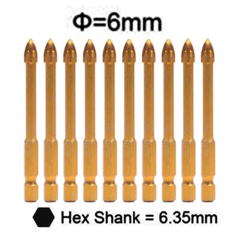 10Pcs Hex Shank Titanium Ceramic Tile Marble Glass Drill Bit Cross Spear Head 6mm
