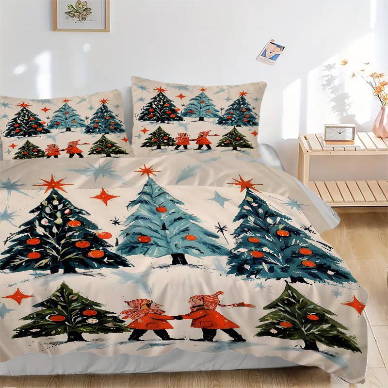3pcs Christmas Tree in the Snow Bedding Set, 1 Soft Quilt Cover + 2 Pillowcases, Machine Washable, Suitable for All Seasons