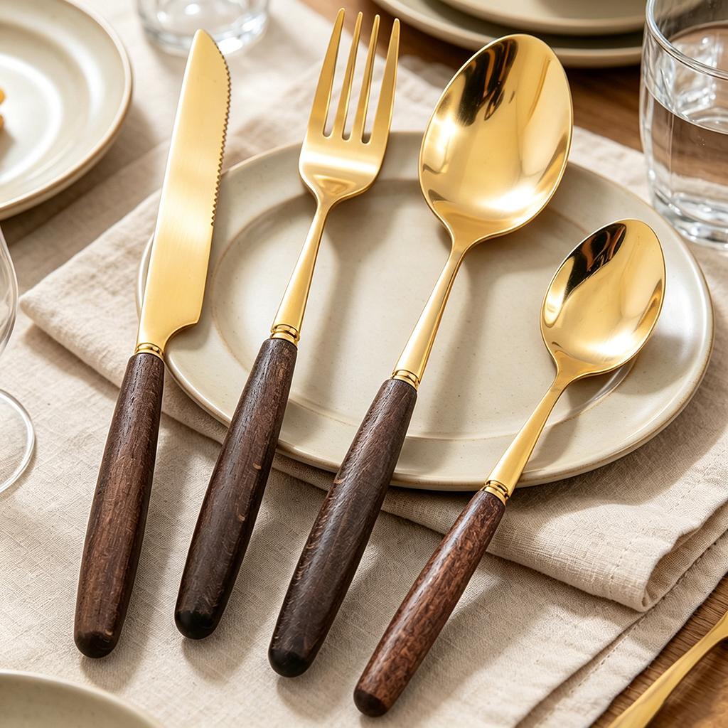 4/5pcs Western Wooden Handle Dinnerware Set Mirror Gold Stainless Steel Tableware Set Knife Fork Coffee Spoon Table Silverware