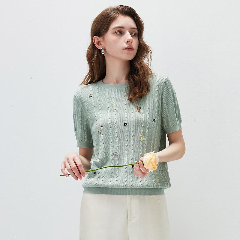 Women's Embroidered Cotton Silk Short Sleeve Knit Top