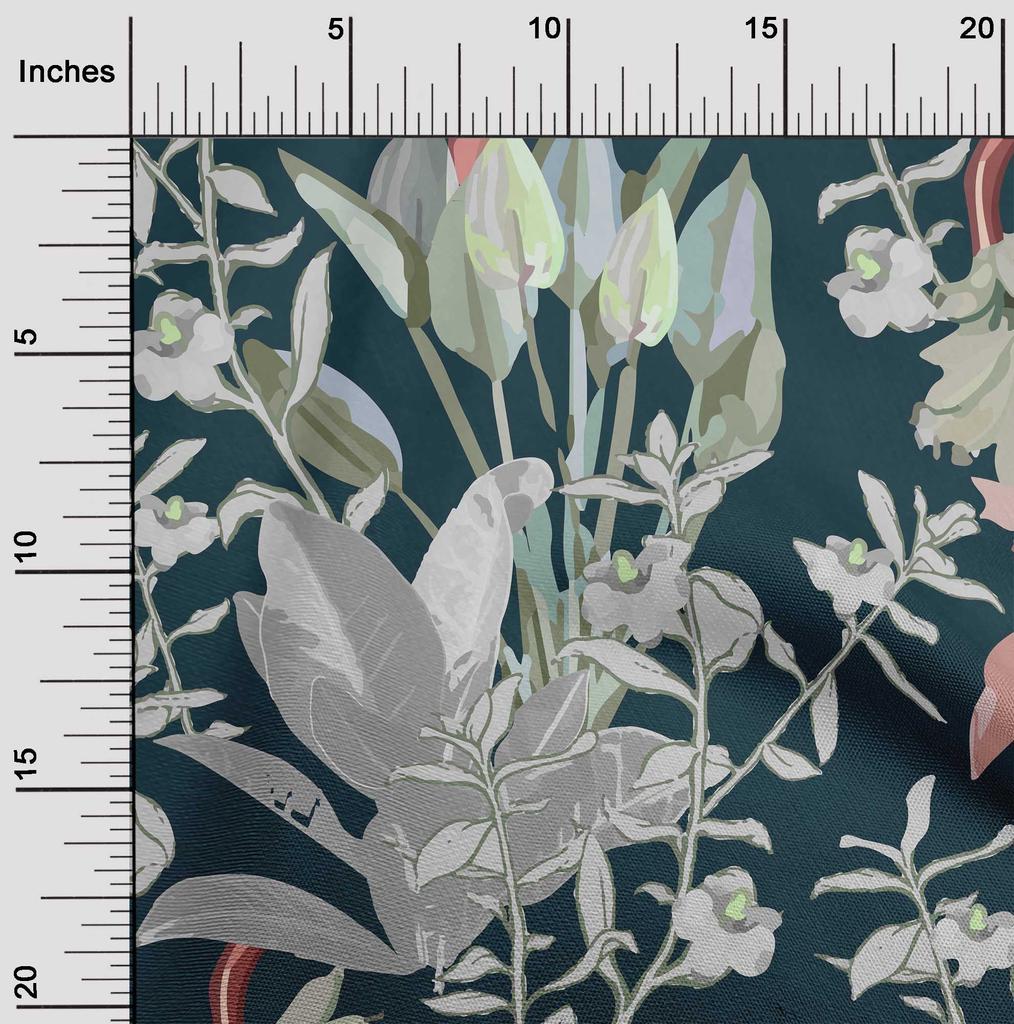 oneOone Cotton Cambric Dark Teal Blue Fabric Tropical Floral Sewing Material Print Fabric By The Yard 42 Inch
