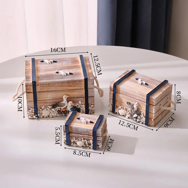 Decorative Keepsake Chest - Set of 3 Jewelry Storage Box Antique Wood Storage Boxes with Rope Pulling and Shell Decoration