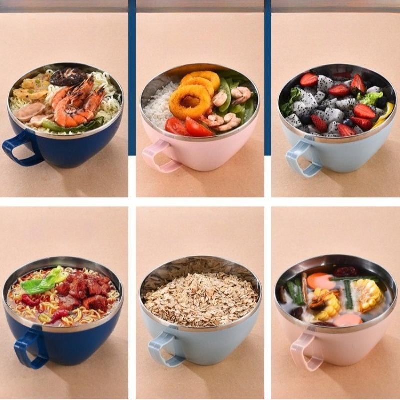 304 Stainless Steel Bowl with Handle Solid Color Anti Scalding Instant Noodles Mixing Bowl Kitchen Tableware Food  Accessory, 1pc
