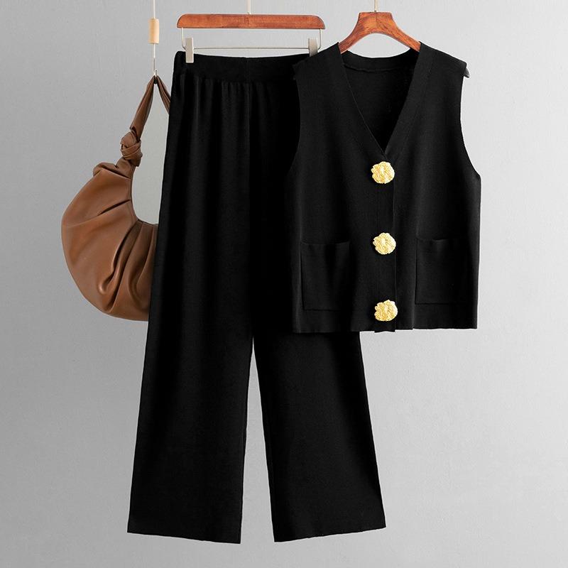 Fashion Suit Women's Summer New Sleeveless Button-knitted Top + Solid Color Casual Wide-leg Pants Two-piece Set
