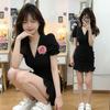 Women's Summer Black Collar Puff Sleeve Fishtail Dress - Unique High-End Korean Style Design