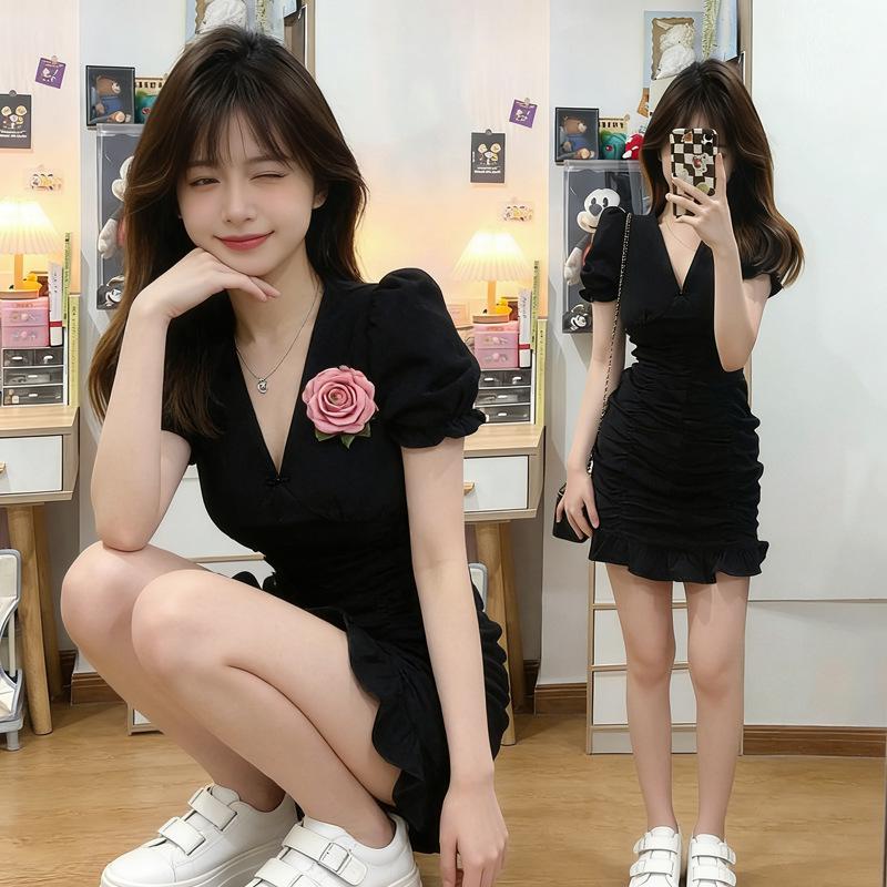 Women's Summer Black Collar Puff Sleeve Fishtail Dress - Unique High-End Korean Style Design
