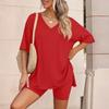 Women Two Piece Loungewear Set V Neck Short Sleeve Top and Shorts Relaxed Fit Soft Fabric Casual Outfit for Home or Daily Wear