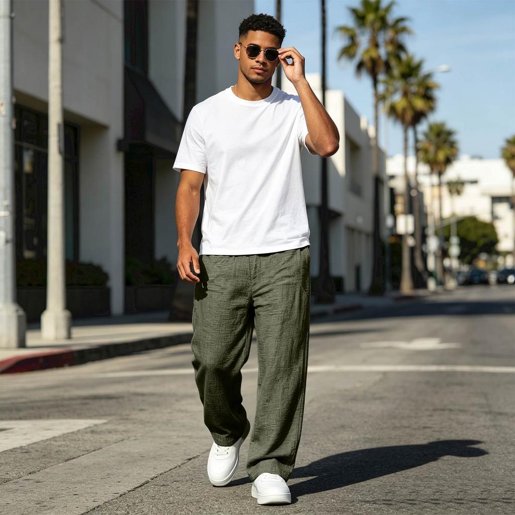 Men's Cotton Linen Casual Pants with Pockets Color Breathable Trousers for Summer