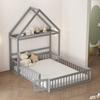Kinderbed 140 x 200, Massief Houten Kinderbedframe met Opbergruimte, Volledige Beschermrand en Deuren en Lattenbodem, Grijs