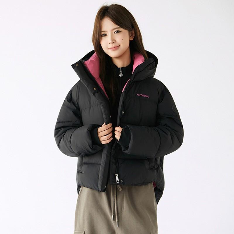 2026 Winter Short Hooded Color Block Padded Cotton Jacket Women Loose Fit Sporty Warm Couple Coat