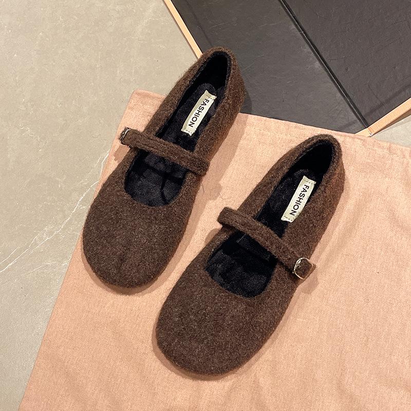 

Одно слово с шерстяным материалом туфли-лодочки с мелким вырезом женские 2025 осень и зима круглый носок пушистые туфли низкий каблук молодежные туфли Doudou женские 40 темно-коричневого