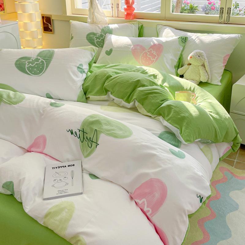 Class A Maternal And Infant Grade Washed Cotton Four-Piece Set Cotton Cartoon Small Fresh Pure Cotton Mattress Quilt Cover 3Pcs Set