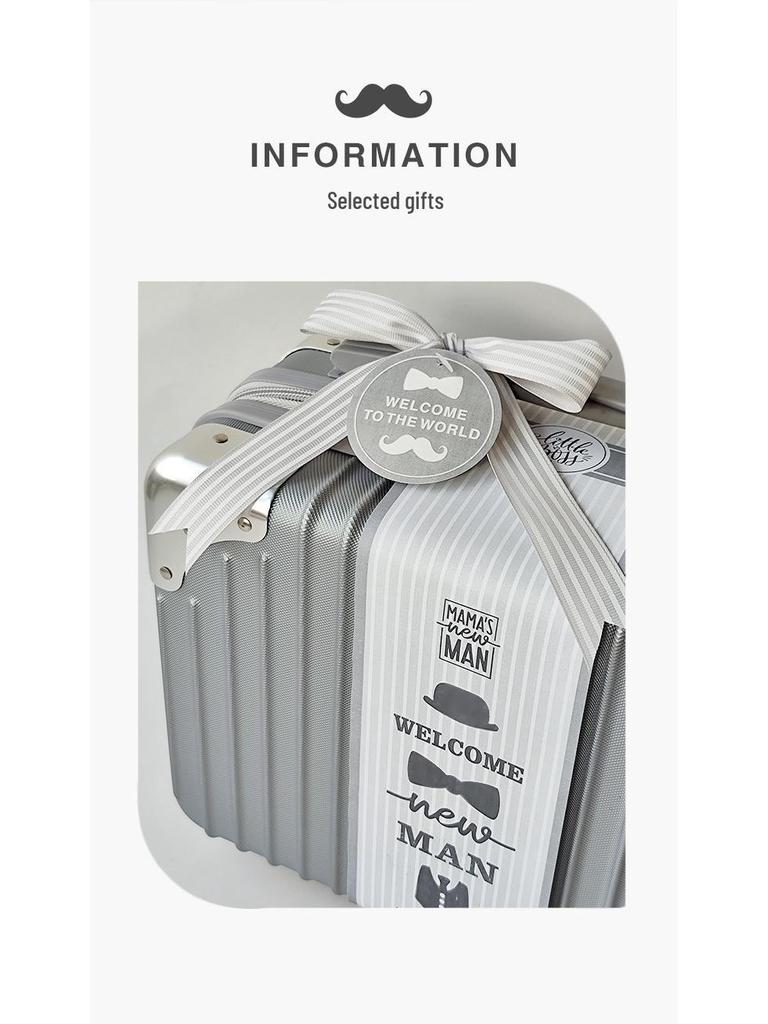 Newborn Baby Boy Gift Box: Off-White & Grey Striped Outfit - High-End Spring Festival Full Moon Collection