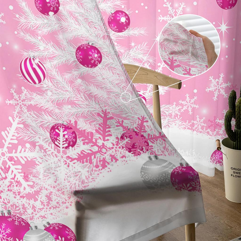 Winter Pink Christmas Ball Christmas Tree Snowflake Sheer Curtains Living Room Bedroom Kitchen Decor Window Voiles Tulle Curtain