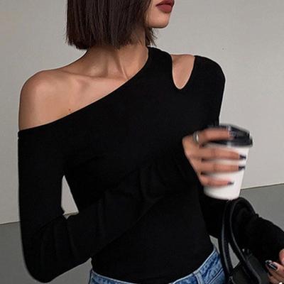 Zwart sexy one-shoulder basis shirt dames herfst all-match lange mouwen T-shirt aansluitend binnen strapless sleutelbeen top 1863