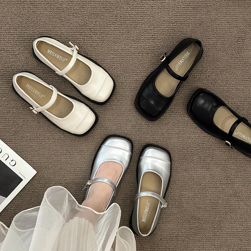 Silver French Square Head Soft Sole Light Mouth Single Shoes Women's 2025 New Models with Skirt Temperament Mary Jane Women's Shoes Small Leather Shoe