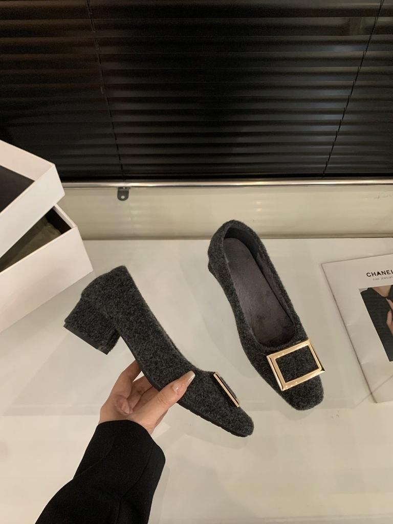 Coarse heel French black suede single shoes autumn and winter plush shoes square head commuter shoes