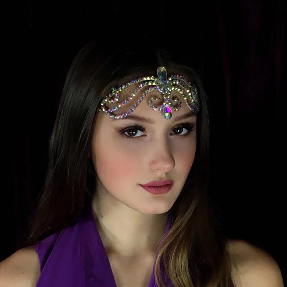 Water Drop AB Color Rhinestone Forehead Headband Chain For Women Adjustable Hair Jewelry Fashion Headpiece Belly Decorations