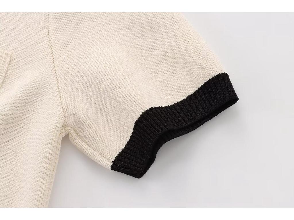 Women's European/American Color Block Knit Top, Round Neck, Short Sleeve, Autumn Collection.