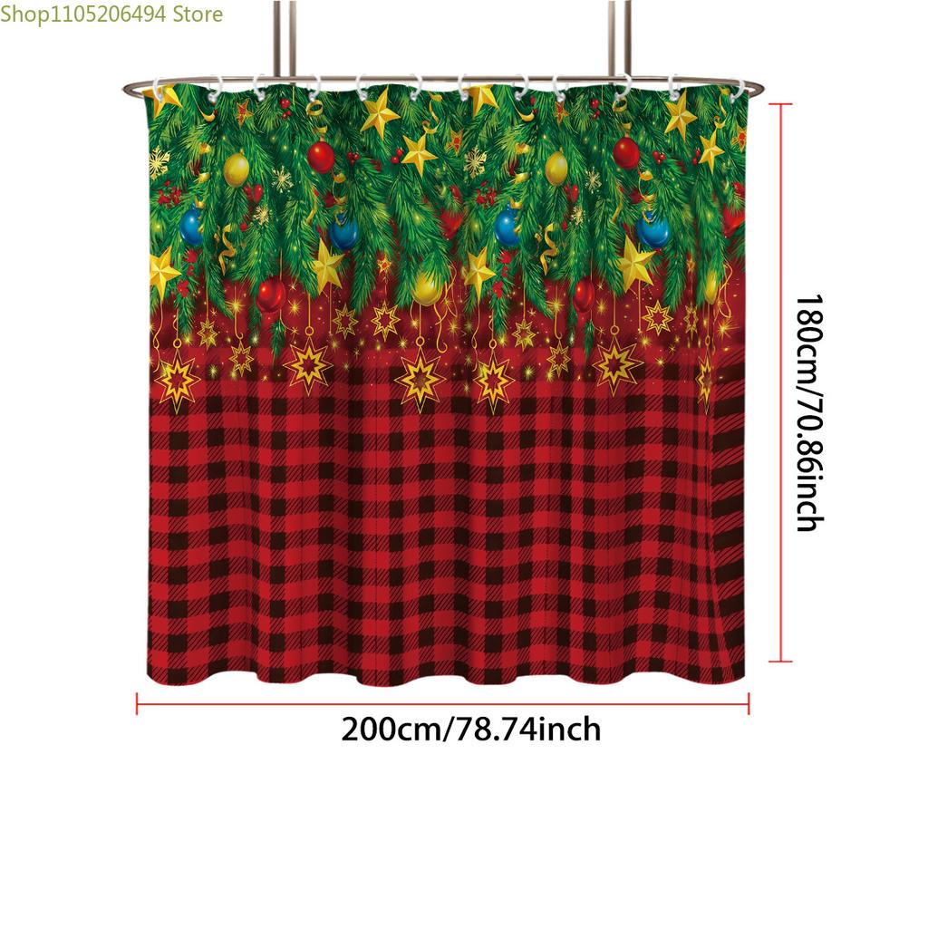 1pc Christmas Green Grid Print Waterproof Shower Curtain Partition Privacy Hanging Curtain 12 Hook Multiple Sizes