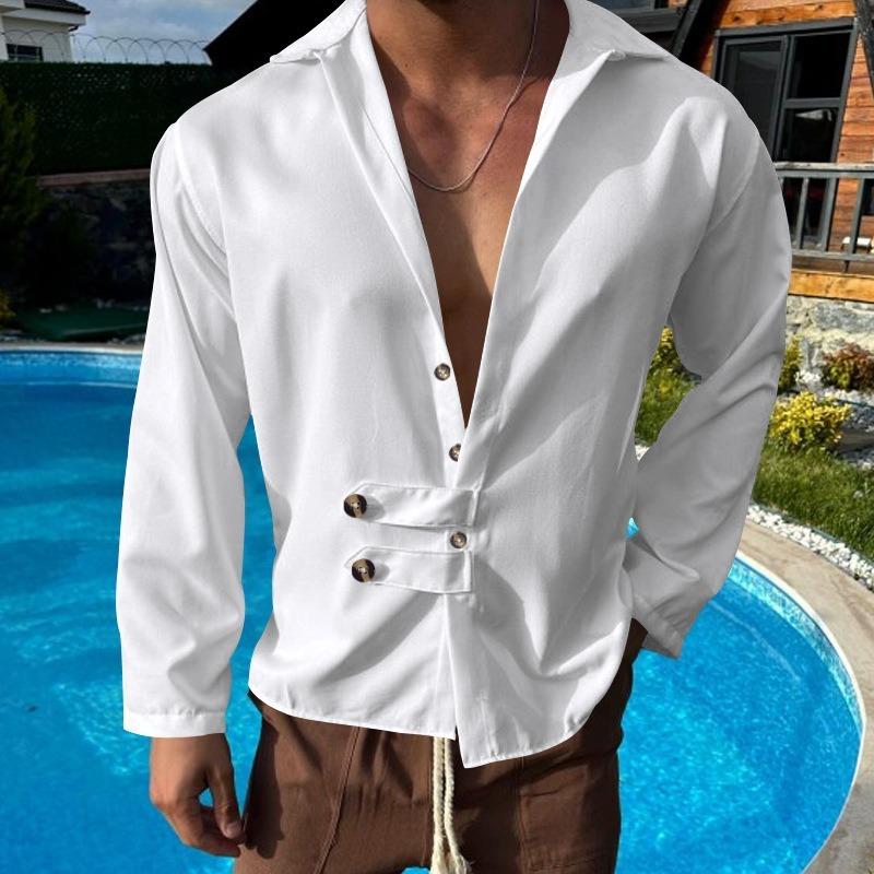 Mens Solid Color Casual Lapel Long Sleeve Shirt