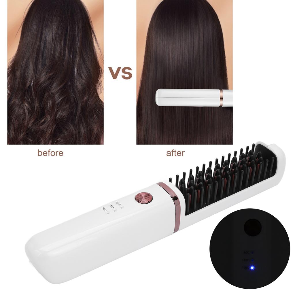 Hair Straightener Brush USB Rechargeable Hair Straightening Curling Brush Pearl White
