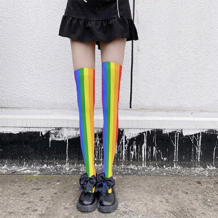 Damen Japanische Stile Anime Oberschenkelhohe Strümpfe Regenbogen Mehrfarbig Gestreiftes Muster Seide Über dem Knie Lange Socken Strumpfwaren