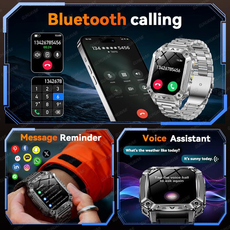 New Outdoors Durable Military Men Smart Watch 1400mAh battery 5ATM Swim LED flashlight+SOS Red Light Sports Call Smartwatch