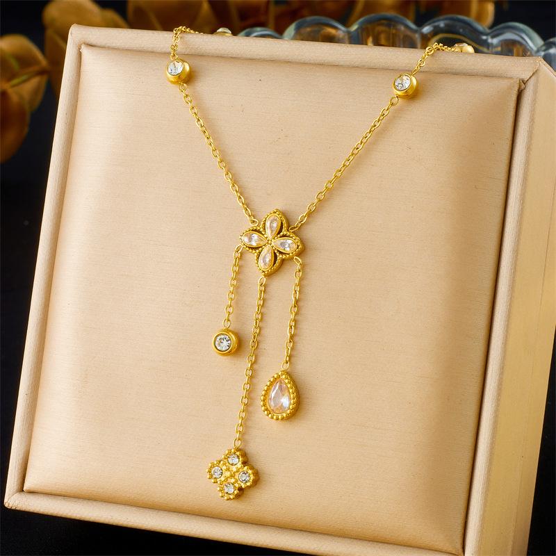 Gold Plated Lariat Necklace with Flower and Teardrop Crystal Charms Fashion Jewelry for Women