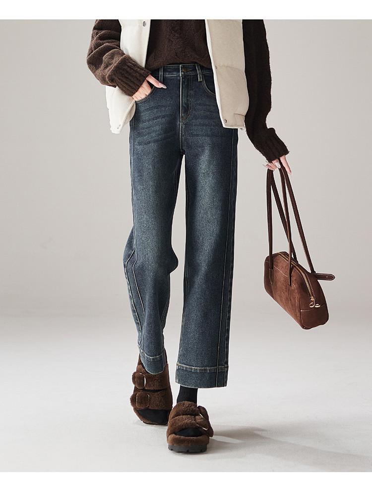 Woolen thickened high waisted jeans for women in winter 2025, fashionable and versatile, slimming straight leg pants