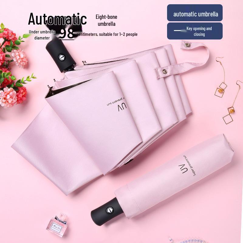 UV Protection Automatic Three-Fold Black Umbrella with Custom Logo for Men and Women