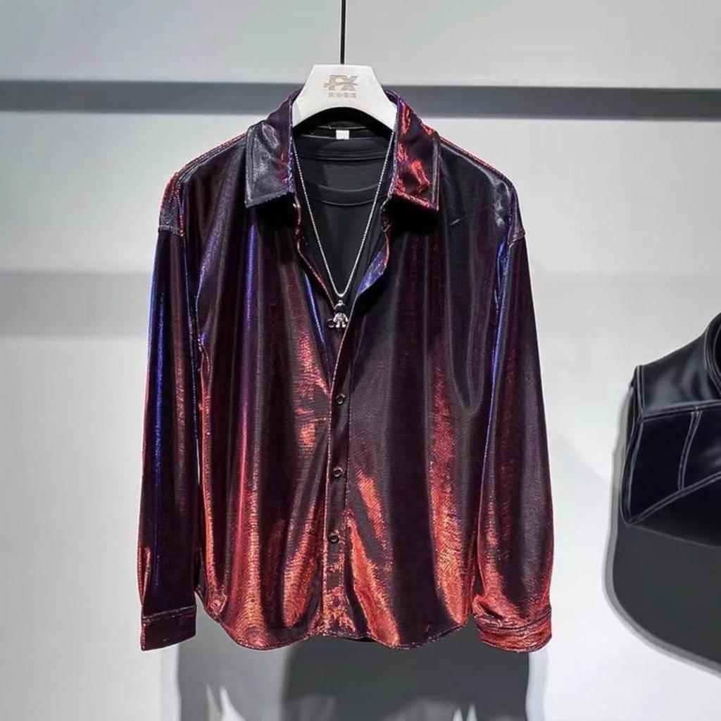 Men's Streetwear Long-Sleeve Pique Shirt - 2024 Spring/Autumn Collection, Loose Fit, Shiny Handsome Style