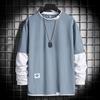 Men Spring T-shirt Fake Two-piece Round Neck Long Sleeves Loose Pullover Keep Warm Contrast Color Friendly to Skin Men Top Men Clothes