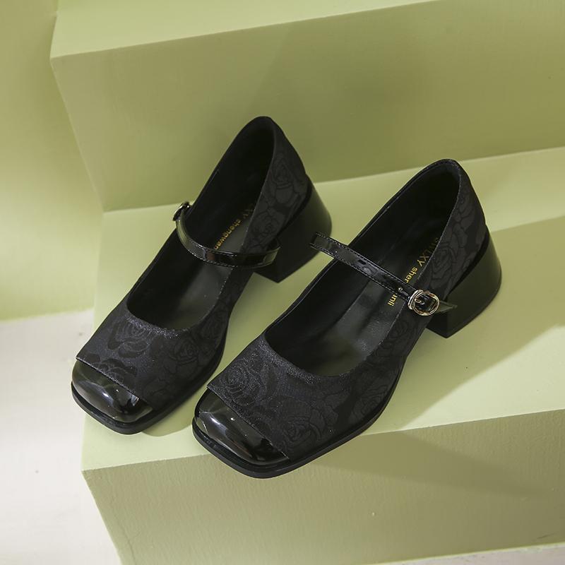 

мода 2024 весна и лето новый китайский стиль толстый каблук ципао Мэри Джейн высокие каблуки 39 чёрный